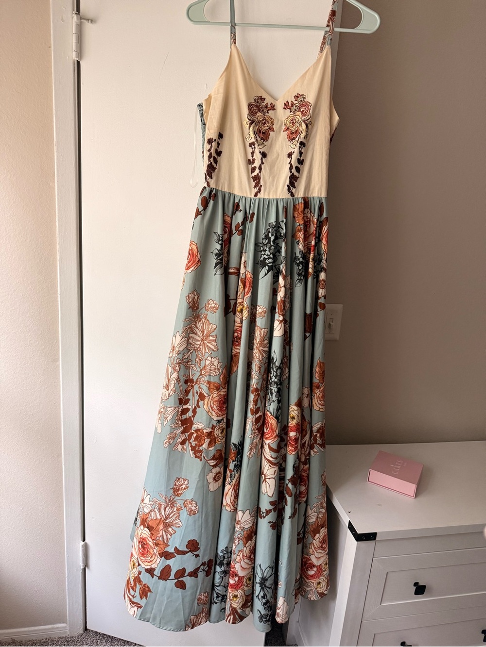 Floral Maxi Dress with Cream Bodice and Light Blue Skirt